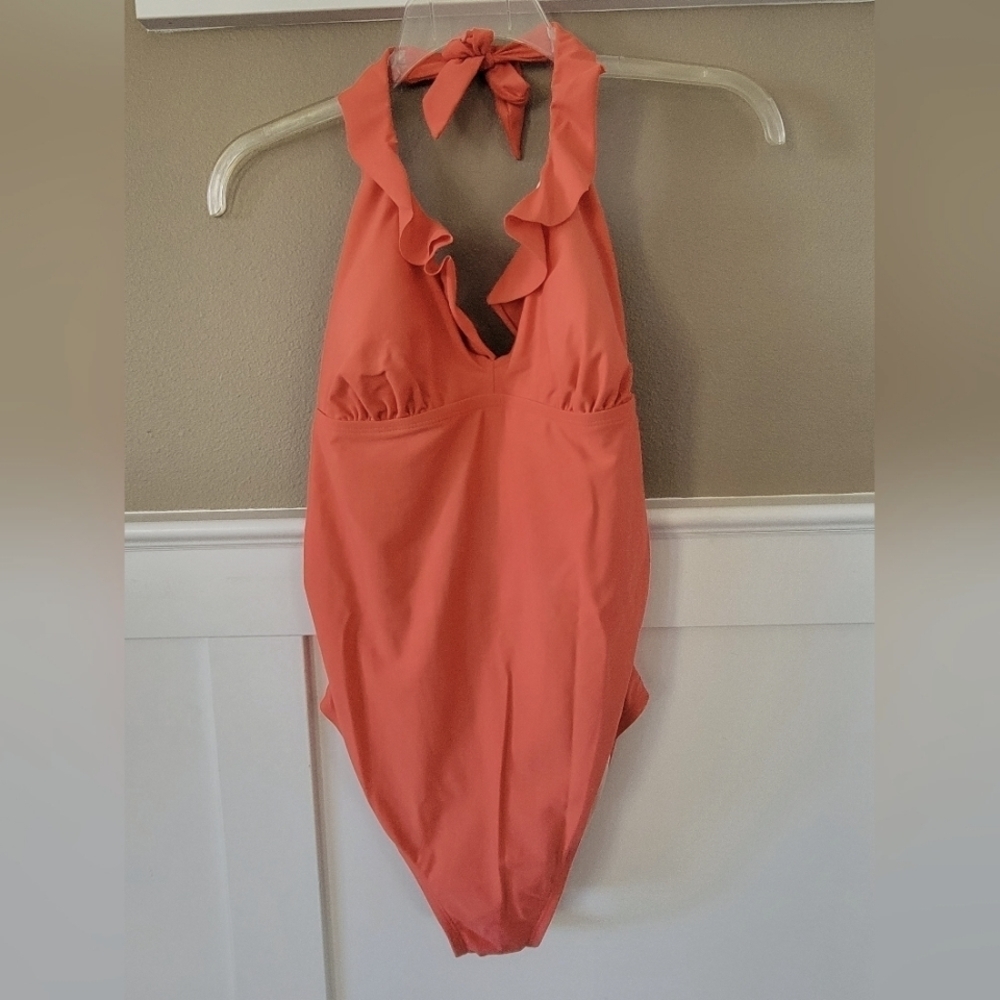 Liz Lange Maternity One Piece Ruffle‎ Halter Coral Swimsuit, Size M Medium